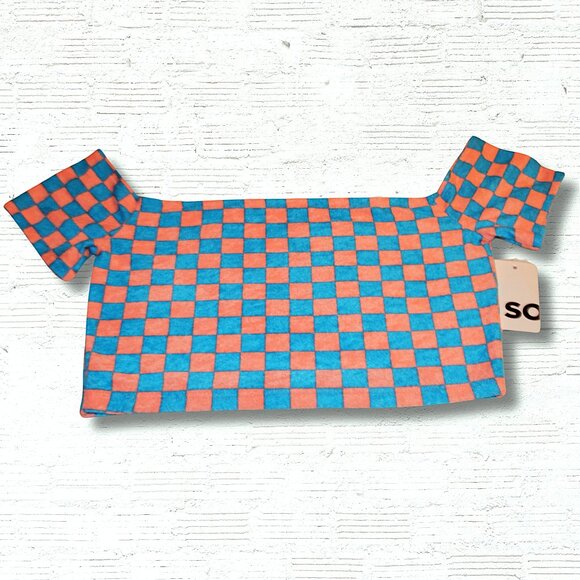 SO Off Shoulder Checkered Crop Top Blue Pink Y2K Preppy Streetwear Y2K Summer- L - Picture 2 of 7